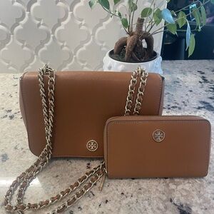 Tory Burch Tan Leather Shoulder Bag and Wallet